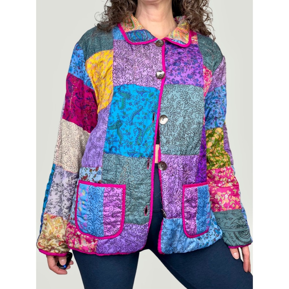 Willow Ridge Silk Patchwork Quilted Jacket Multi Color Boho Vintage Fabric